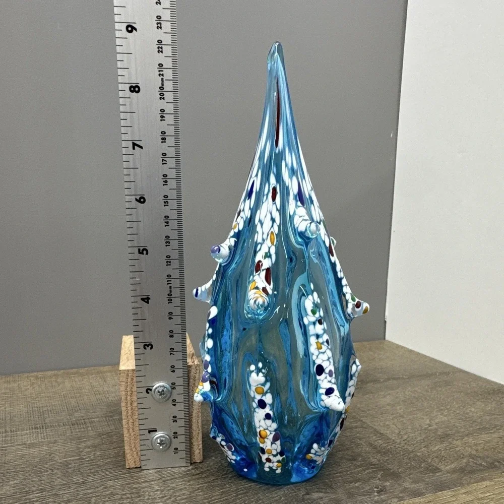 Vintage Murano Style Hand Blown Art Glass Spire Vase - Blue Confetti Murrine, 9